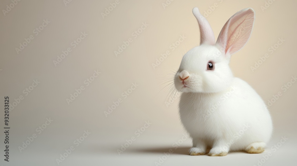 Cute white rabbit sitting gracefully against a soft neutral background, showcasing its lovely features and fluffy fur. Cute white rabbit sitting gracefully against a soft neutral background, showcasing its lovely features and fluffy fur.