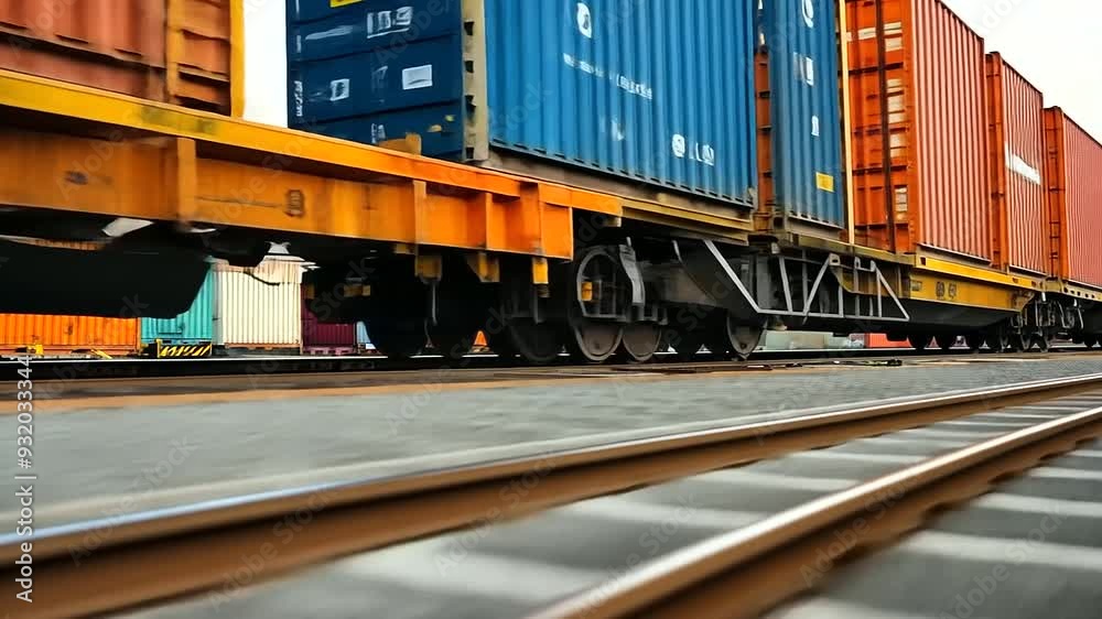 Close-up of a cargo container loaded onto a railcar, revealing the markings and identification tags used for tracking shipments Close-up of a cargo container loaded onto a railcar, revealing the markings and identification tags used for tracking shipments