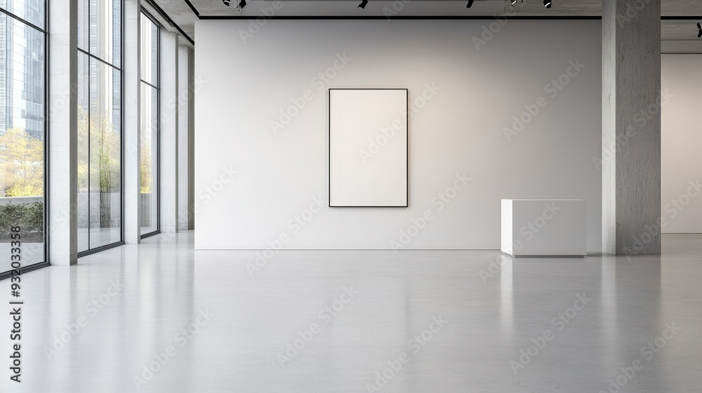 Minimalist art gallery interior with white walls and large windows, perfect for displaying modern artwork and photography. Minimalist art gallery interior with white walls and large windows, perfect for displaying modern artwork and photography.