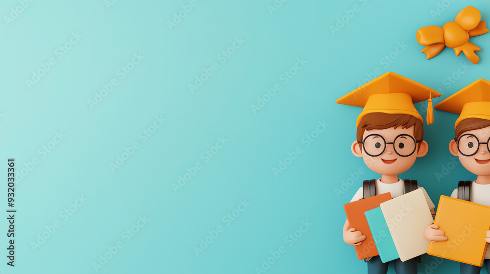 Two cheerful boys in graduation caps hold colorful folders, celebrating educational achievements against a vibrant blue background. Two cheerful boys in graduation caps hold colorful folders, celebrating educational achievements against a vibrant blue background.