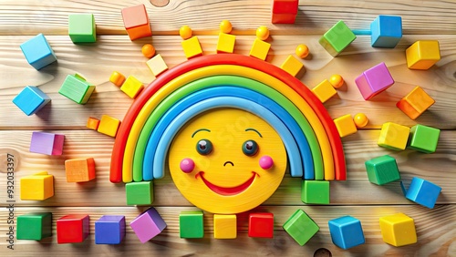 Colorful illustration of a smiling sun and rainbow surrounded by playful blocks and toys, creating a friendly and approachable logo for a children's brand. photo