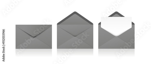 Set of realistic gray envelopes in different positions. Folded and unfolded envelope backpack isolated