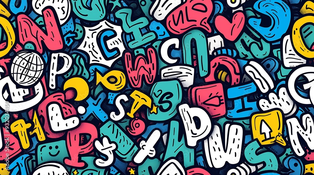 A seamless doodle pattern featuring a mix of letters and numbers in a variety of fonts and sizes, randomly scattered, bright and bold colors, on a soft green background, whimsical and dynamic, A seamless doodle pattern featuring a mix of letters and numbers in a variety of fonts and sizes, randomly scattered, bright and bold colors, on a soft green background, whimsical and dynamic,