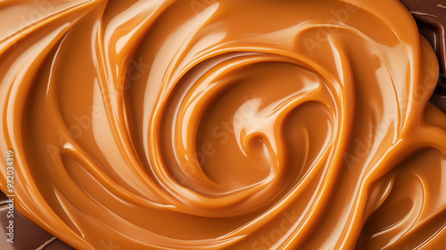 Close-up of melting caramel swirls on dark chocolate, vibrant colors, high-gloss finish, intricate patterns, macro photography photo