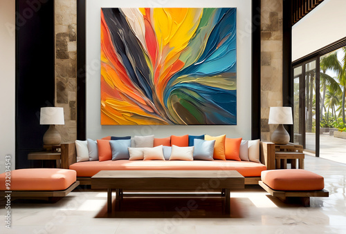 Front facing modern living space with with large abstract painting