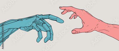 Human arm touch robot colored sketch. Technology artificial arm of future touching human arm line art. Digital computer creation concept. Science tech vector illustration in black outline style