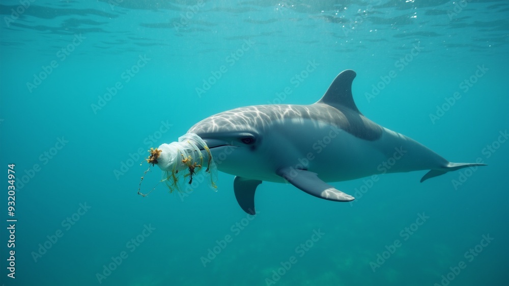 Dolphin trapped plastic ocean. Sad marine animal struggles against pollution. Azure water, highlights environmental damage and need for ocean conservation. Dolphin trapped plastic ocean. Sad marine animal struggles against pollution. Azure water, highlights environmental damage and need for ocean conservation.
