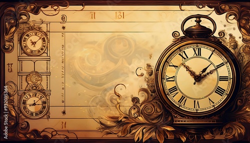 Old-Timey Clock and Calendar - A poster with a vintage clock and a calendar page with copy space. Graphic art illustration