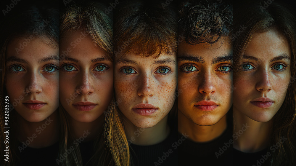 Portraits of Youth: Diverse Faces with Intense Blue Eyes in Dramatic Lighting Portraits of Youth: Diverse Faces with Intense Blue Eyes in Dramatic Lighting