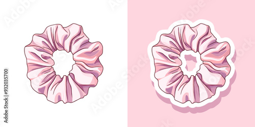 Scrunchy for girls: silk pink scrunchie for hair accessor . Cute tools for relaxation and self-care. Vector isolated on white.