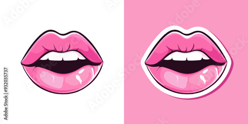 Glossy colored and sexy pink lips. Vector illustration isolated on white background. Hot kiss isolated and sticker lips with pink lipstick
