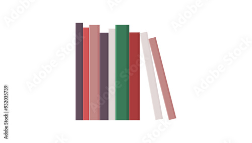 Five books arranged neatly with spines facing forward, standing upright on a surface, with one book leaning. The color palette includes muted reds, greens, and neutrals, perfect for home decor.