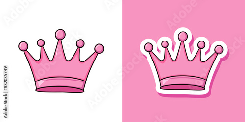 Pink Crown for girls. Vector crown for the little princess. Illustraton of a pink crown and sticker. Simple flat style of a princess crown on an isolated background.