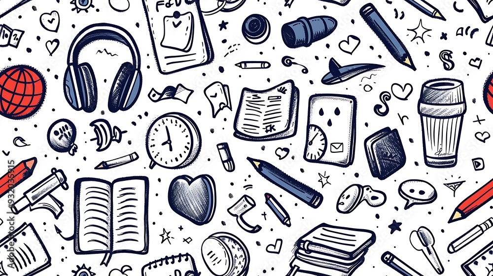 A seamless doodle pattern featuring language learning essentials like speech bubbles, foreign characters, and flashcards, scattered in a dynamic and fun arrangement with notebooks, pencils, A seamless doodle pattern featuring language learning essentials like speech bubbles, foreign characters, and flashcards, scattered in a dynamic and fun arrangement with notebooks, pencils,