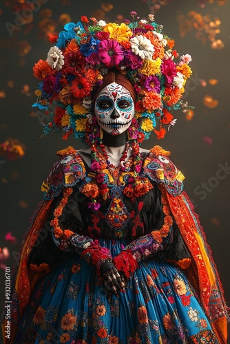 A detailed 3D render of a woman dressed in vibrant Día de los Muertos attire, with a floral headdress and intricate face paint, softly lit against a shadowy backdrop