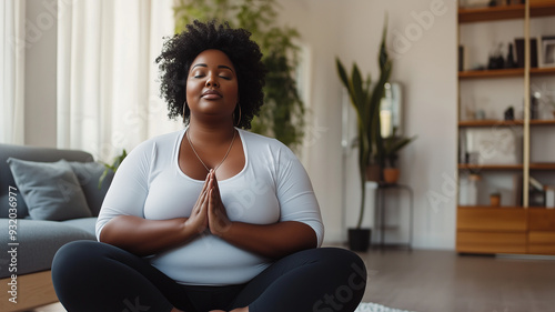 copy space, stockphoto, plus size black woman meditating in a modern living room. Wellness at home. Taking care of mental and physical health. Making me time. Relaxing in living room at home.