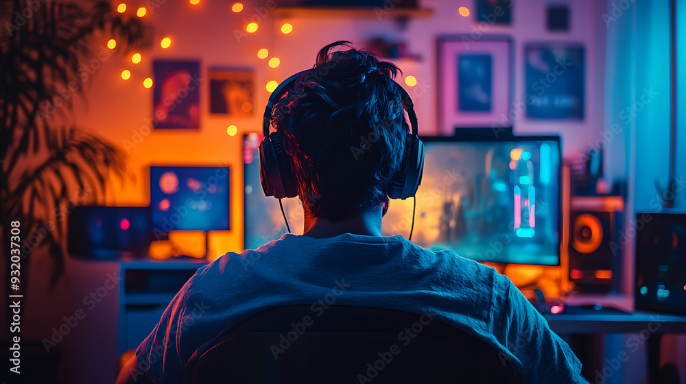 Gamer Immersed in Virtual World at Night with Headphones