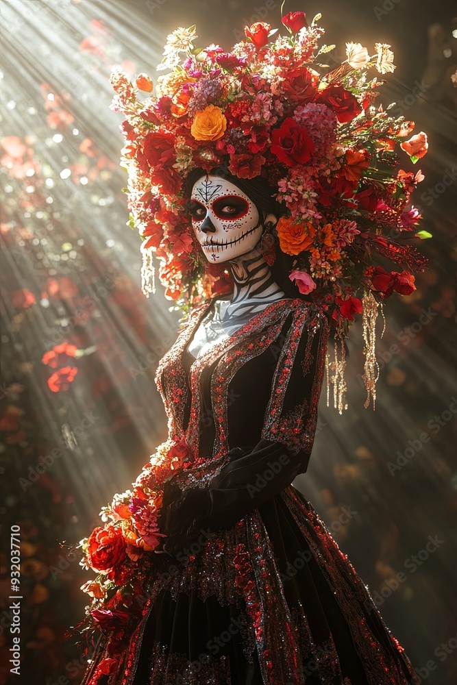 Fototapeta premium A captivating 3D render of a woman in Día de los Muertos attire, with a floral headdress and detailed makeup, standing in a spotlight against a shadowy backdrop