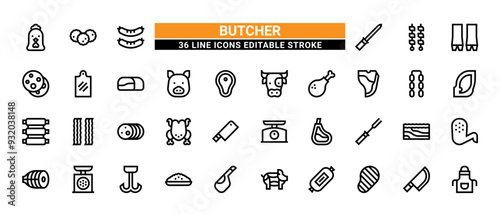 36 Butcher Line Icons Set Pack Editable Stroke Vector Illustration.