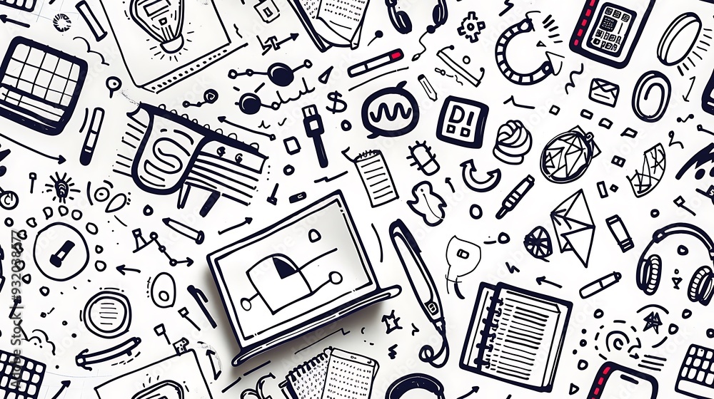 A seamless doodle pattern featuring tech class essentials like laptops, tablets, headphones, and coding symbols, scattered in a dynamic and techy arrangement with circuit boards, USB drives,