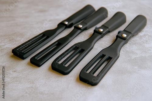 A minimalist arrangement of black handled cutlery on a light surface symbolizing the contrast simplicity and functional beauty of modern dining tools in a sleek contemporary setting