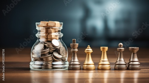 Illustration design of coins in a glass jar and chess lined up on a wooden table