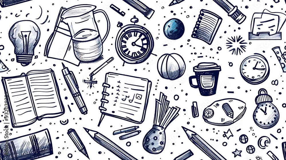 A seamless doodle pattern featuring various exam prep items like test papers, pencils, clocks, and stress balls, mixed with doodles of coffee cups and study materials, A seamless doodle pattern featuring various exam prep items like test papers, pencils, clocks, and stress balls, mixed with doodles of coffee cups and study materials,