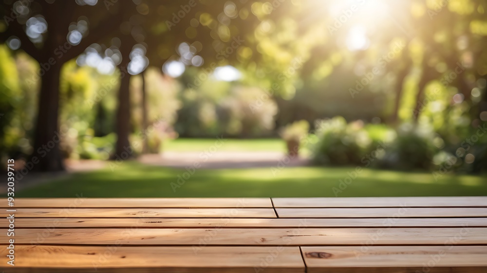 a empty wooden table with blurred garden background