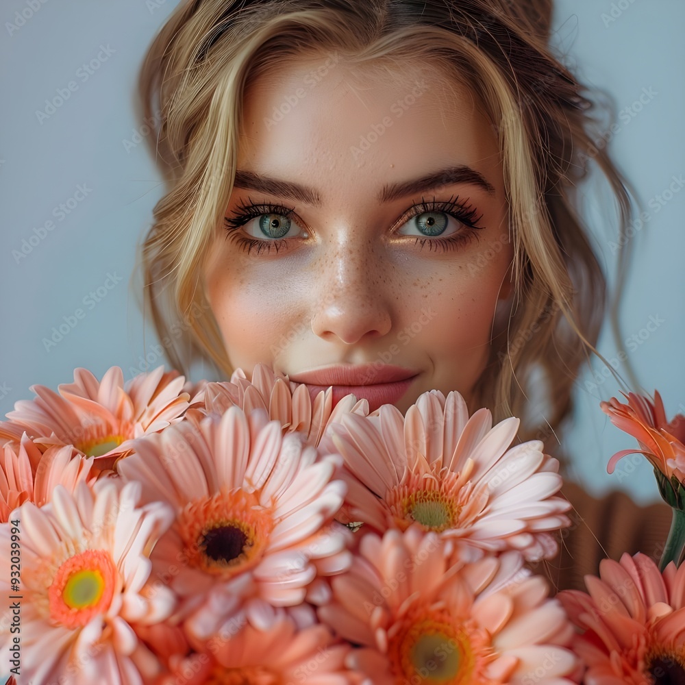 a woman holding bunches of flowers in front of her face, luxury style, beautiful flower, white background. a woman holding bunches of flowers in front of her face, luxury style, beautiful flower, white background.