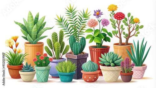 Colorful, stylized vector illustration of various potted indoor plants, including succulents and flowers, against a clean white background with subtle texture.