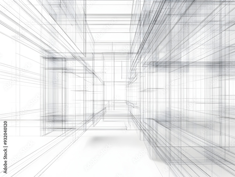Fototapeta premium Minimalist Wire Frame Architectural Compositions with Monochromatic Tones and Retrofuturistic Ambiance