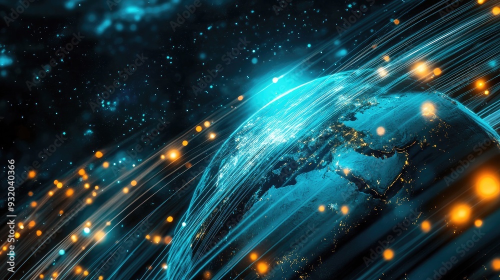 Fototapeta premium Earth globe surrounded by dynamic fiber optic lines, representing high-speed global communications and technological advancement