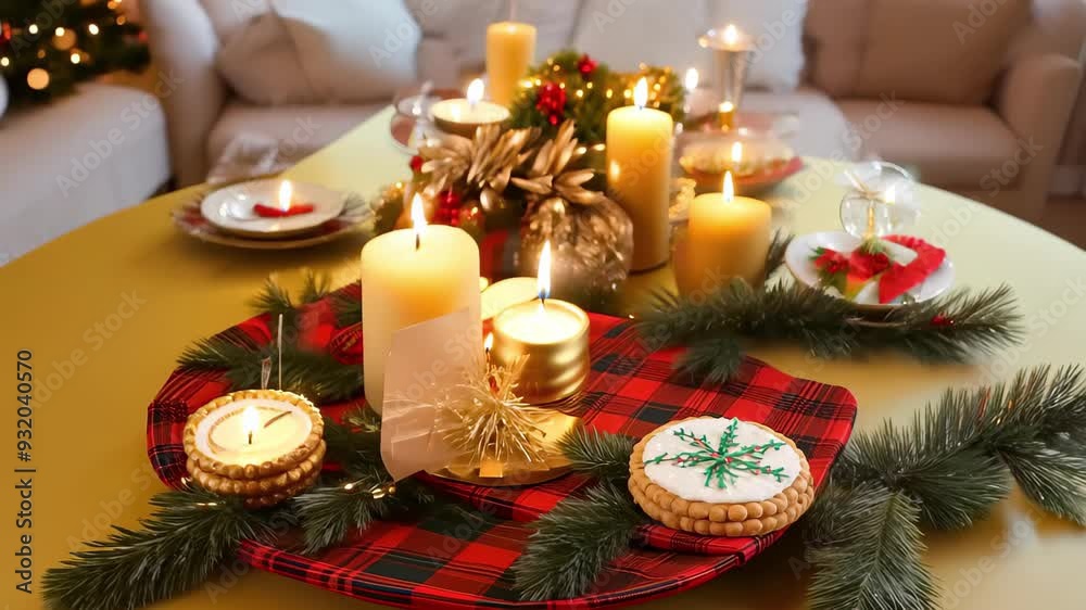 Delicious Christmas Cookie with Snowflake Icing on a Festive Tartan Placemat with Candles and Pine Branches - Concept of Holiday Baking, Christmas Celebration, Seasonal Decor, Cozy Atmosphere. Delicious Christmas Cookie with Snowflake Icing on a Festive Tartan Placemat with Candles and Pine Branches - Concept of Holiday Baking, Christmas Celebration, Seasonal Decor, Cozy Atmosphere.