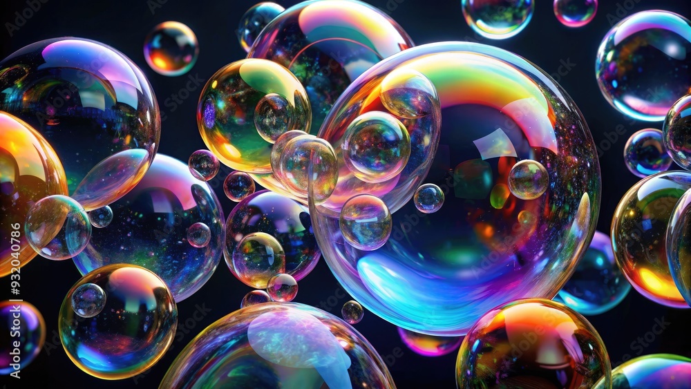 Colorful transparent bubbles in various shapes, including spheres, ellipses, and tubes, float against a dark background, creating a mesmerizing and abstract visual effect. Colorful transparent bubbles in various shapes, including spheres, ellipses, and tubes, float against a dark background, creating a mesmerizing and abstract visual effect.