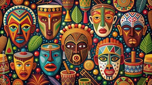 Colorful vector illustration of African-inspired icons, including tribal masks, drums, and patterns, blended with modern shapes and vibrant colors in a dynamic composition.