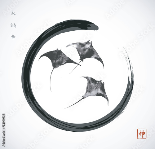 Three manta rays in black enso zen circle. Minimalist sumi-e painting. Hieroglyphs - eternity, freedom, happiness, spirit