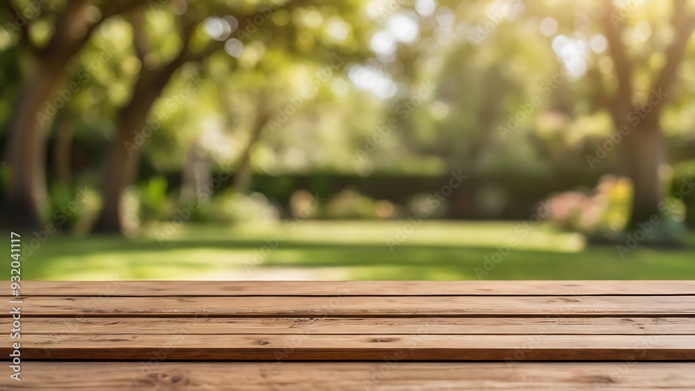 a empty wooden table with blurred garden background a empty wooden table with blurred garden background