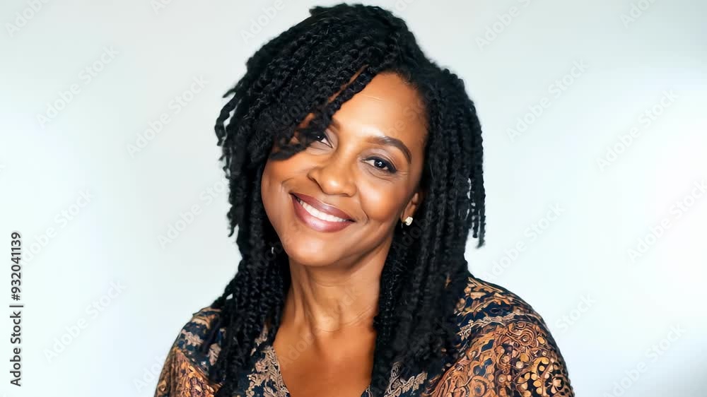 Smiling African American Woman with Natural Hair Against Light Background. Concept of Happiness, Confidence, Natural Beauty, and Fashion.