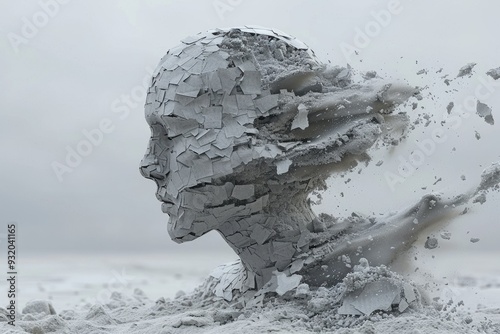 A human figure made of crumbling paper, disintegrating into the wind, set against a stark, minimalist background, symbolizing burnout