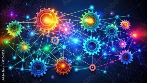 Colorful wireframe illustration of interconnected gears, circuits, and wires forming a futuristic network, symbolizing innovation, technology, and digital connectivity on a dark blue background.