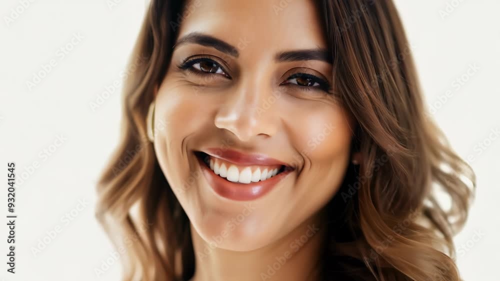 Smiling Woman with Long Hair and White Top against a Light Background. Concept of Happiness, Confidence, Beauty, Joy.