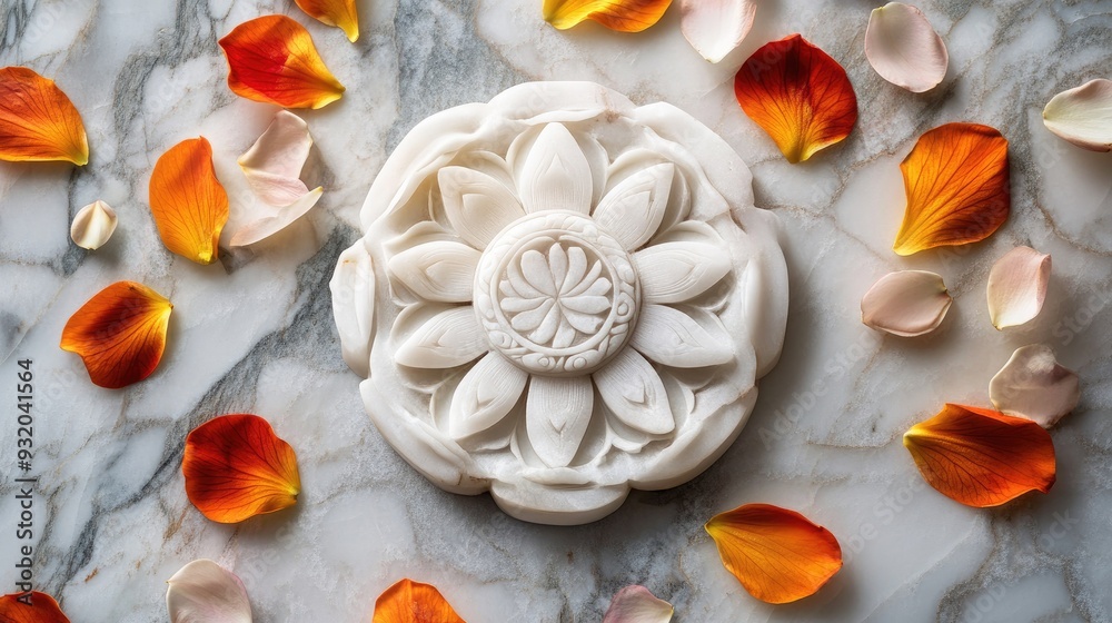 Jain symbol of Siddhachakra carved in marble with flower petals around it. High angle view, copy space Jain symbol of Siddhachakra carved in marble with flower petals around it. High angle view, copy space