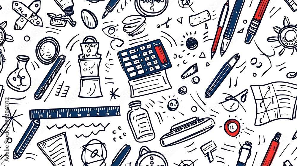 A seamless doodle pattern of math-related items like rulers, protractors, equations, and calculators, arranged randomly, bright and bold colors, on a light gray background, fun and energetic design, A seamless doodle pattern of math-related items like rulers, protractors, equations, and calculators, arranged randomly, bright and bold colors, on a light gray background, fun and energetic design,