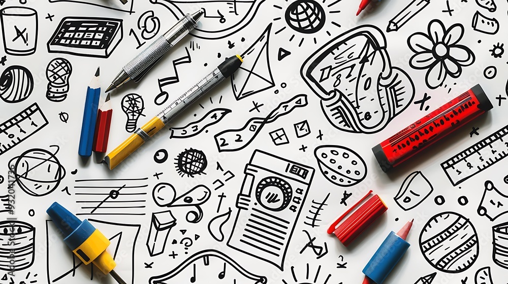 A seamless doodle pattern of math-related items like rulers, protractors, equations, and calculators, arranged randomly, bright and bold colors, on a light gray background, fun and energetic design, A seamless doodle pattern of math-related items like rulers, protractors, equations, and calculators, arranged randomly, bright and bold colors, on a light gray background, fun and energetic design,