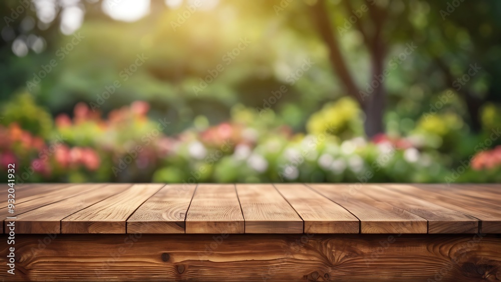 a empty wooden table with blurred garden background a empty wooden table with blurred garden background