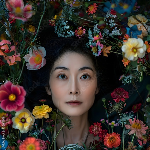 Generated close-up shot of Beauliful face surrounded by flowers, real life art photo style, black background photo