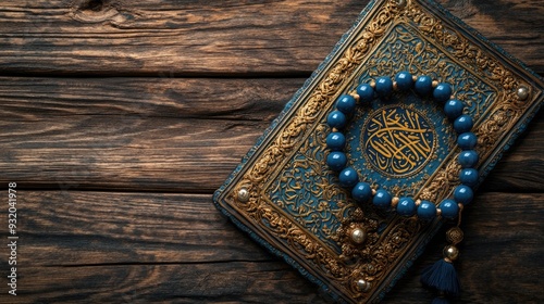 Muslim prayer beads (Misbaha) and an ornate Quranic verse plaque on a wooden surface. High angle view, copy space photo