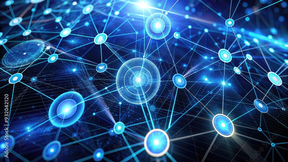 Complex digital network illustration with glowing blue lines, nodes, and orbiting circles, representing modern communication, data flow, and interconnected technology infrastructure. Complex digital network illustration with glowing blue lines, nodes, and orbiting circles, representing modern communication, data flow, and interconnected technology infrastructure.