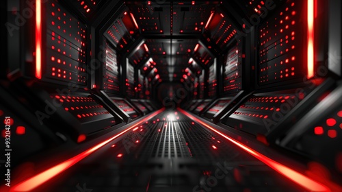 Futuristic red lit corridor with glowing lines. photo