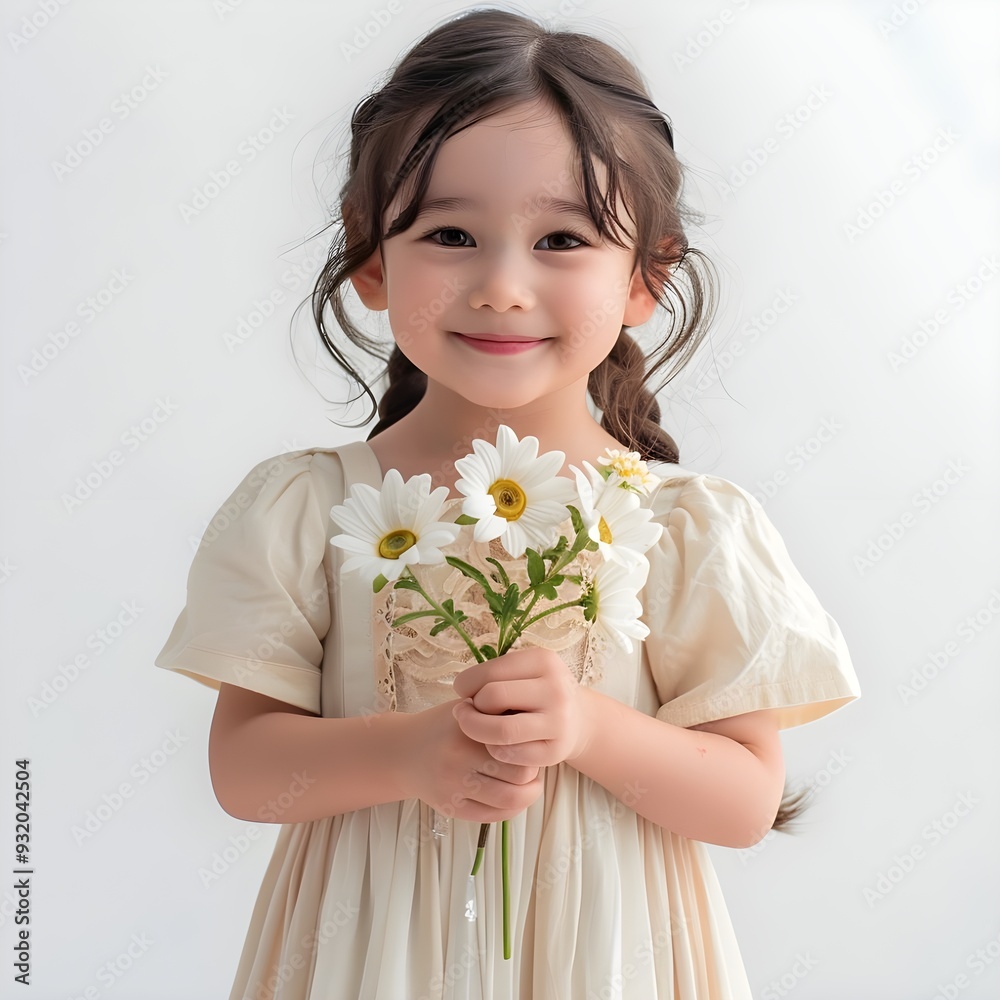 cute girl smiles, wearing lovely dress, with hand holding flower bouquet, white background. cute girl smiles, wearing lovely dress, with hand holding flower bouquet, white background.
